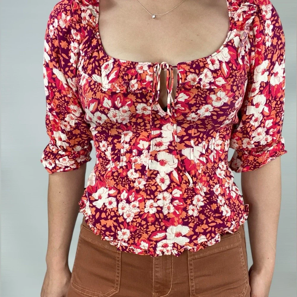 FREE PEOPLE Sweet Memories Floral‎ Ruffle Blouse Half Sleeve Pink Multi Color